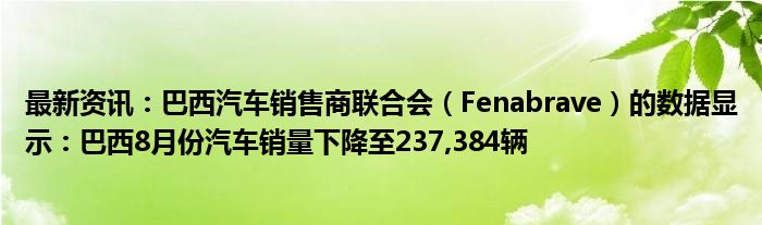 最新资讯：巴西汽车销售商联合会（Fenabrave）的数据显示：巴西8月份汽车销量下降至237,384辆