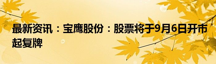 最新资讯：宝鹰股份：股票将于9月6日开市起复牌