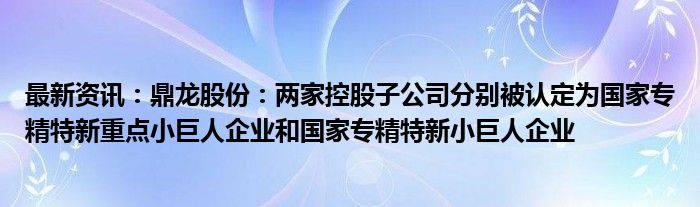 最新资讯：鼎龙股份：两家控股子公司分别被认定为国家专精特新重点小巨人企业和国家专精特新小巨人企业