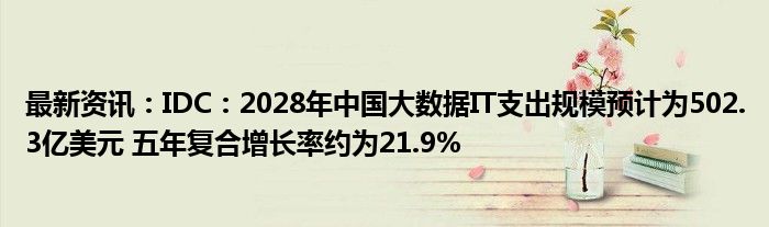 最新资讯：IDC：2028年中国大数据IT支出规模预计为502.3亿美元 五年复合增长率约为21.9%