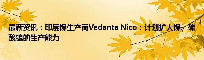 最新资讯：印度镍生产商Vedanta Nico：计划扩大镍、硫酸镍的生产能力